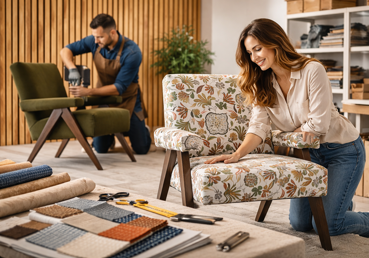 Professional craftsman doing furniture upholstery